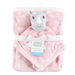 Hudson Baby Infant Girl Plush Blanket With Security Blanket, Rhino, One Size