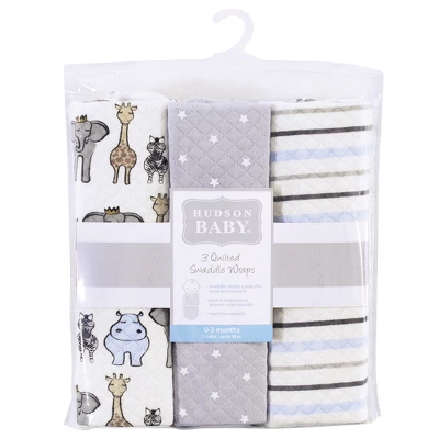 Hudson Baby Infant Boy Quilted Cotton Swaddle Wrap 3pk, Royal Safari, 0-3 Months 3 Hudson Baby Infant Boy Quilted Cotton Swaddle Wrap 3pk, Royal Safari, 0-3 Months