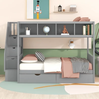 Twin Over Full Bunk Bed With Shelves, Storage Staircase And 2 Drawers - ModernLuxe 3 Twin Over Full Bunk Bed With Shelves, Storage Staircase And 2 Drawers - ModernLuxe