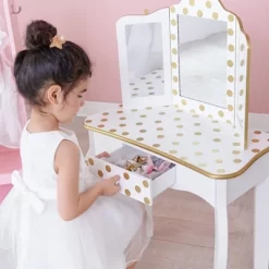 Fashion Polka Dot Gisele Play Vanity Set With Led Mirror White/Gold - Teamson Kids -Child Furniture Store GUEST 1d8d35a1 1982 42c4 a223 b6ce266208ff