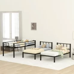 Twin Over Twin Metal Triple Bunk Bed With Ladder, Black-ModernLuxe -Child Furniture Store GUEST 21cb5205 3911 4481 b89f 761f5de37e4e