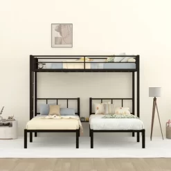 Twin Over Twin Metal Triple Bunk Bed With Ladder, Black-ModernLuxe