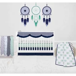 Bacati - Boys Noah Muslin Mint Navy 8 Pc Crib Bedding Set With Long Rail Guard Cover