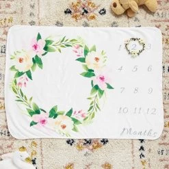 Farmlyn Creek Floral Baby Growth Blanket Blanket With Small Wreath For Monthly Milestones, Baby Photo Blanket, 40 X 27.5 In