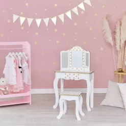 Fashion Polka Dot Gisele Play Vanity Set With Led Mirror White/Gold - Teamson Kids -Child Furniture Store GUEST 5126d27d 9eae 4c46 b917 63a03d288f13