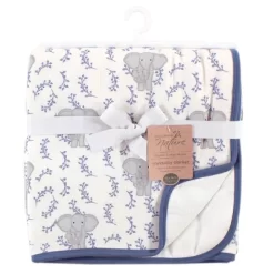 Touched By Nature Baby Organic Cotton Muslin Tranquility Blanket, Blue Elephant, One Size