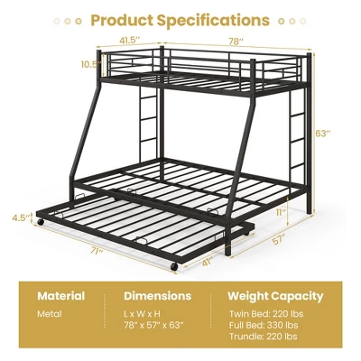Costway Twin Over Full Metal Bunk Bed With Trundle Slats Support For Teens Adults Black 4 Costway Twin Over Full Metal Bunk Bed With Trundle Slats Support For Teens Adults Black - Image 2