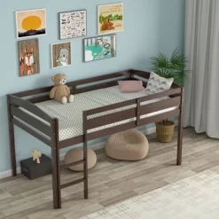 Costway Twin Low Loft Bunk Junior Bed Bedroom Wooden Guard Rail Ladder White/Espresso/Grey -Child Furniture Store GUEST 829d7b7d f7da 435f 979b d936c5d89433
