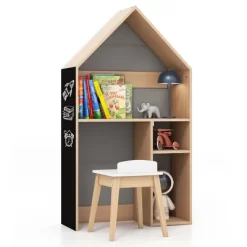 Costway Kids House-Shaped Table & Chair Set Wooden Toy Organizer Cabinet With Blackboard Grey/White -Child Furniture Store GUEST 8904a9cc 86f8 4d13 9bbe 86b48c84549d