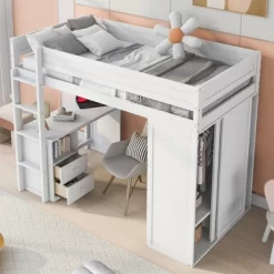 Wood Loft Bed With Wardrobes And 2-Drawer Desk With Cabinet-ModernLuxe