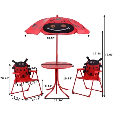 Costway Kids Patio Set Table And 2 Folding Chairs W/ Umbrella Beetle Outdoor Garden Yard 4 Costway Kids Patio Set Table And 2 Folding Chairs W/ Umbrella Beetle Outdoor Garden Yard - Image 2