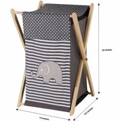 Bacati - Elephants White/Gray Laundry Hamper With Wooden Frame