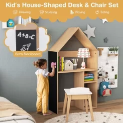 Costway Kids House-Shaped Table & Chair Set Wooden Toy Organizer Cabinet With Blackboard Grey/White -Child Furniture Store GUEST a7683240 6b81 47d5 b72c 77b86677c9d0