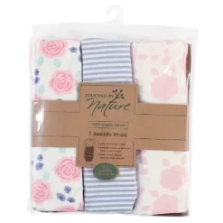 Touched By Nature Baby Girl Organic Cotton Swaddle Wraps, Pink Rose, 0-3 Months