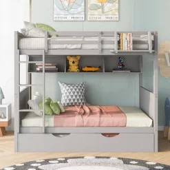 Separable Full-Over-Full Bunk Bed With Twin Size Trundle And Bookshelf - ModernLuxe