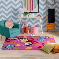 Well Woven Modern Daisy Butterflies Bright Kids Room Carpet Soft Durable Pink Area Rug -Child Furniture Store GUEST efd6d8d6 96c4 4f0b a2c8 9219ef8f9c94