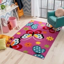 Well Woven Modern Daisy Butterflies Bright Kids Room Carpet Soft Durable Pink Area Rug -Child Furniture Store GUEST fba4ad5b 43f3 48e2 8475 121348ec6a31