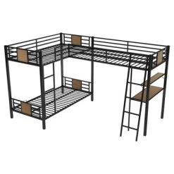 L-Shaped Twin Over Twin Bunk Bed With Twin Size Loft Bed With Desk And Shelf , Brown - ModernLuxe -Child Furniture Store GUEST fc068b8a dc42 4861 8915 517467c4758b
