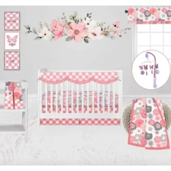 Bacati - Watercolor Floral Coral Gray 10 Pc Girls Crib Bedding Set With Long Rail Guard Cover
